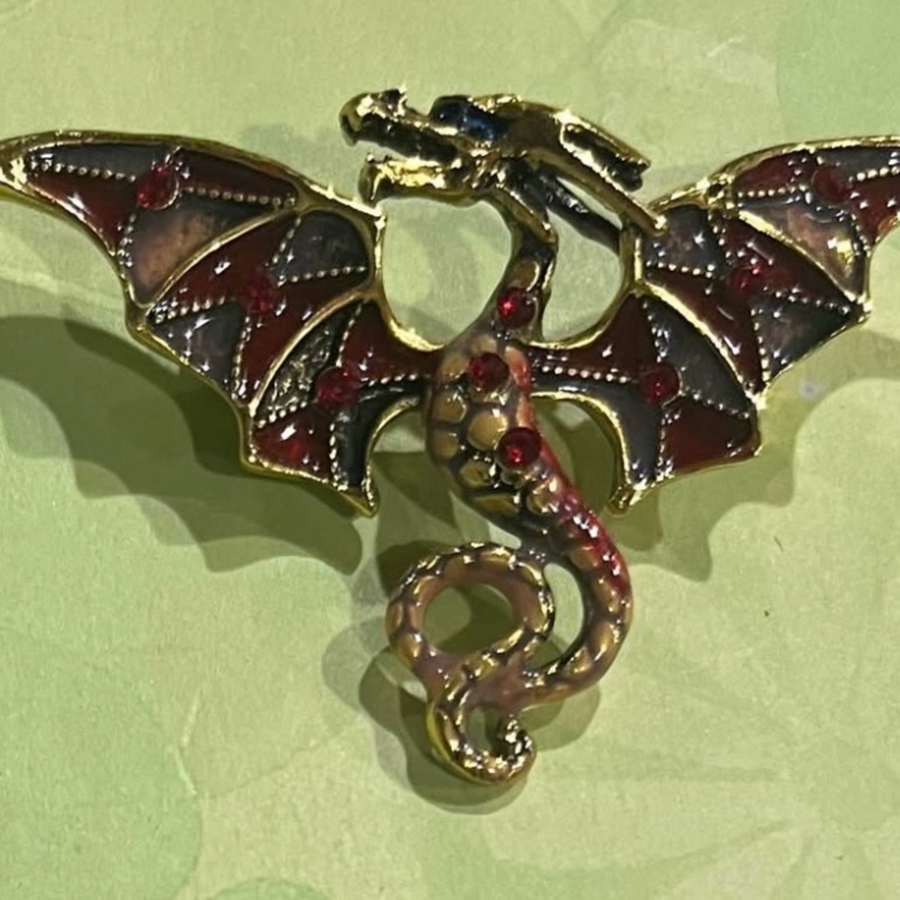 Gold Tone Dragon Brooch with Red Accents